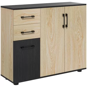 Bufet modern HOMCOM cu 2 dulapuri si 2 sertare, bufet de bucatarie cu raft reglabil, 90x30x75,5 cm, de culori nuc si negru imagine