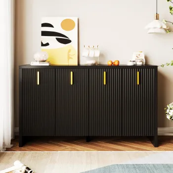 Bufet Modern Minimalist pentru Bucatarie si Living cu Manere Aurii si Rafturi Reglabile, 140x38x80 cm, Negru imagine