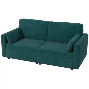 Canapea clasica cu 3 locuri HOMCOM cu scaun capitonat si arcuri, canapea din catifea pentru living si birou cu perne, 178x82x85cm, de culoare verde inchis imagine