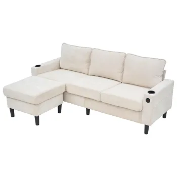 Canapea extensibila in forma de L, 3 locuri, cu 2 suporturi pentru pahare, 2 porturi USB, 1 port Tip-C si buzunare laterale, 202x137x80 cm, Bej imagine