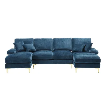 Canapea modulara mare, moderna, in forma de U, din chenille, cu dublu sezlong rabatabil, Albastru imagine