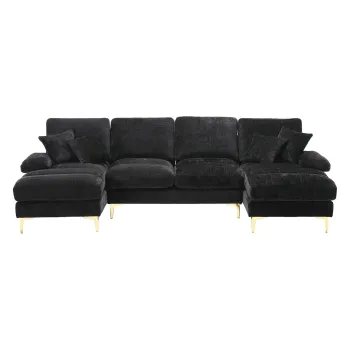 Canapea modulara mare, moderna, in forma de U, din chenille, cu dublu sezlong rabatabil, Negru imagine