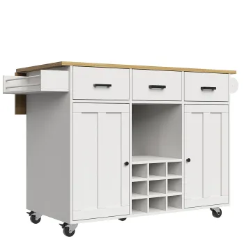 Carucior de bucatarie cu blat rabatabil, 3 sertare, 2 usi, compartiment pentru vin si suport pentru prosoape, 124x40/65x91,5 cm, Alb imagine