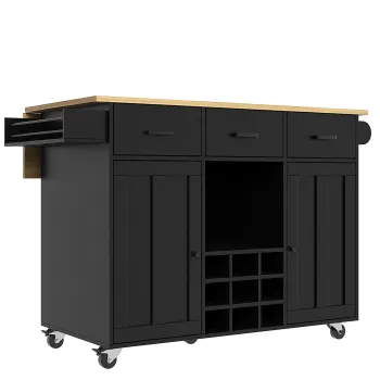Carucior de bucatarie cu blat rabatabil, 3 sertare, 2 usi, compartiment pentru vin si suport pentru prosoape, 124x40/65x91,5 cm, Negru imagine