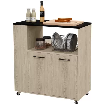 Carucior de bucatarie din PAL HOMCOM cu raft deschis, dulap cu 2 usi si polita laterala cu 2 niveluri, 75x40x80,5 cm, de culori stejar si negru imagine