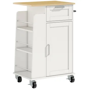 Carucior de Bucatarie HOMCOM cu Sertar, Dulap, Suport pentru Prosoape si 3 Suporturi pentru Condimente, din Lemn, 62x40x87 cm, Alb | Aosom Romania imagine