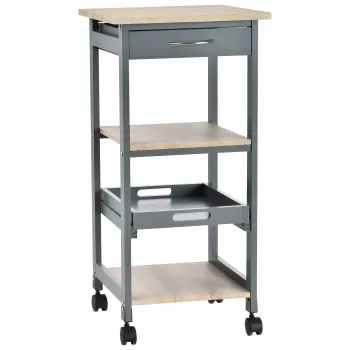 Carucior de bucatarie HOMCOM Suport pentru alimente cu sertar, 2 rafturi si tava detasabila, insula de bucatarie din lemn 37x37x76cm, de culoare gri imagine