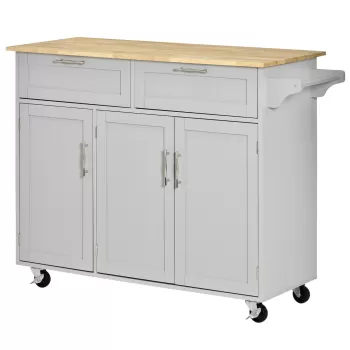 Carucior de Bucatarie Multifunctional HOMCOM cu 2 Sertare, 3 Usi si 4 Roti, din Lemn si MDF, 121x46x91cm, gri imagine