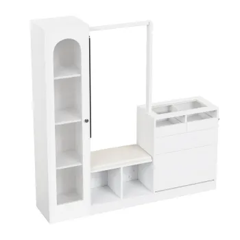 Combinatie 6-in-1 pentru intrare cu iluminare LED, set cuier, masa de toaleta, banca pentru pantofi, dulap rabatabil pentru pantofi si vitrina din sticla, 163x35x161 cm, Alb imagine
