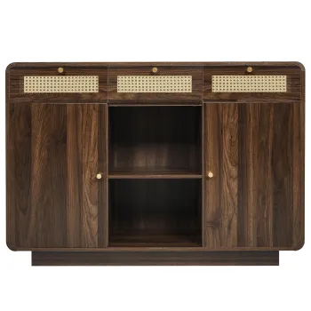 Comoda bufet, 3 sertare + 2 dulapuri cu raft central deschis si fete din ratan, 120x40x85 cm, Maro imagine