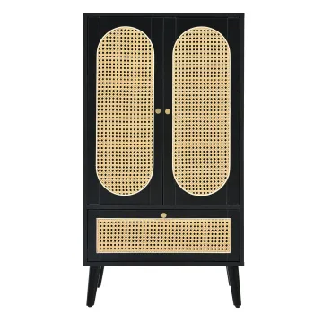 Comoda compacta, design din ratan, 2 usi, 1 sertar, 60x40x110,5 cm, Negru imagine