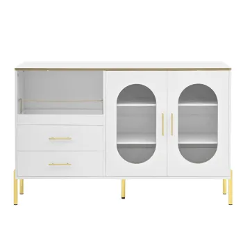 Comoda cu 2 sertare si 2 usi din sticla, spatiu generos de depozitare, 140x38x90 cm, Alb imagine