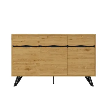 Comoda cu 3 usi, picioare metalice, mult spatiu de depozitare, 140x40x75,5 cm, Culoare naturala imagine