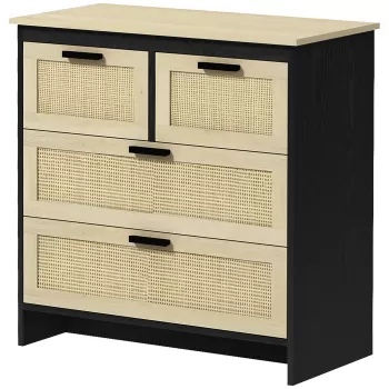 Comoda cu 4 Sertare HOMCOM din PAL si Ratan pentru Sufragerie si Dormitor, 80x38x80 cm, Negru si Lemn Natur | Aosom RO imagine