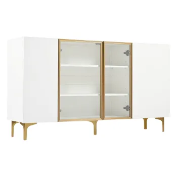 Comoda cu 4 usi, sticla & metal, mult spatiu de depozitare, 150x38x85 cm, Alb imagine