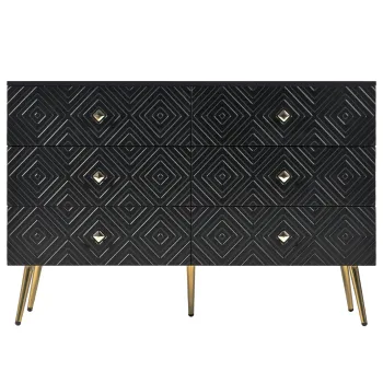 Comoda cu 6 sertare, cu model geometric si manere in forma de diamant, pentru dormitor si living, 120x40x80 cm, Negru imagine