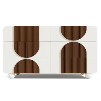 Comoda cu 6 sertare, cu sipci din lemn de culoare ciocolata si picioare sferice din lemn masiv, albe, 121x41x71 cm, Alb imagine