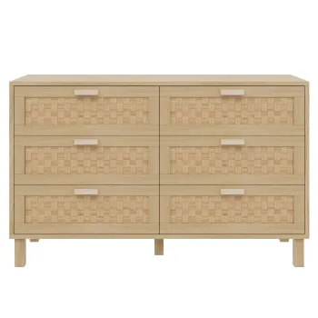 Comoda cu sase sertare din ratan, dulap de dormitor versatil cu spatiu generos de depozitare, 120x40x75 cm, Culoare naturala imagine