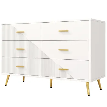 Comoda de sufragerie cu 6 sertare spatioase, design tridimensional al usilor dulapului si picioare aurii, 120x40x75 cm, Alb imagine