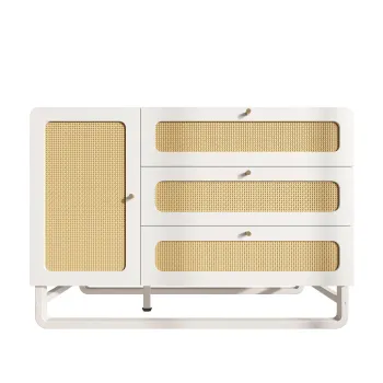 Comoda in stil rustic cu ratan si manere aurii, 3 sertare si 1 usa, 120x40x85 cm, Alb imagine