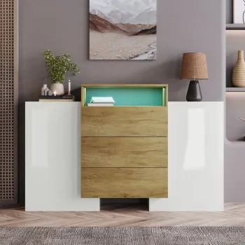Comoda Moderna cu LED Multicolor, Alb+Culoare naturala | Aosom Romania imagine