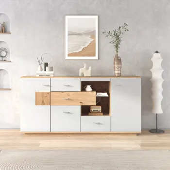 Comoda moderna cu spatiu generos de depozitare, Culoare naturala+Alb | Aosom Romania imagine