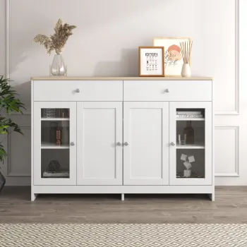 Comoda moderna cu suprafata din lemn, Alb+Culoare naturala | Aosom Romania imagine