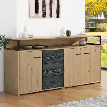 Comoda Moderna cu Trei Usi si Trei Sertare, Mobila Multifunctionala pentru Bucatarie si Birou, Manere din Metal, 150x35x75,9 cm, Negru Maro imagine