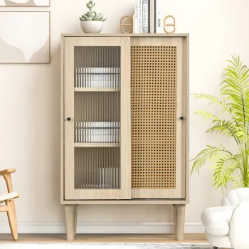 Comoda moderna din lemn cu usi glisante din sticla si ratan sintetic, Culoare naturala | Aosom Romania imagine