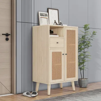 Comoda Moderna in Stil cu 2 Usi din Rattan si 1 Sertar, Spatiu Generos de Depozitare, 60x40x101 cm, pentru Bucatarie sau Living, Culoare naturala imagine