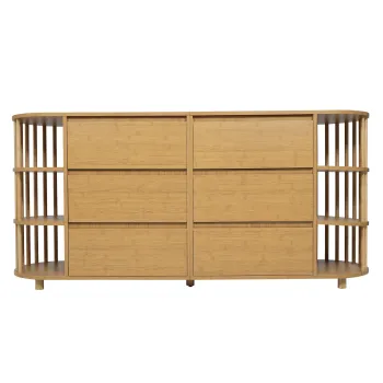 Comoda Sideboard, 6 sertare & rafturi deschise, design in stil roman cu coloane & rafturi din bambus, 160x40x75 cm, Culoare naturala imagine