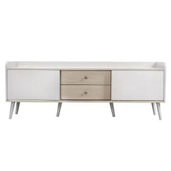Comoda TV cu 2 sertare, usi glisante cu dungi si picioare stabile din lemn, 160x40x58 cm, Alb imagine