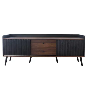 Comoda TV cu 2 sertare, usi glisante cu dungi si picioare stabile din lemn, 160x40x58 cm, Negru imagine
