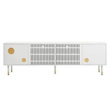 Comoda TV cu front din plasa metalica si accente aurii, 4 usi, 170x36x54 cm, Alb imagine
