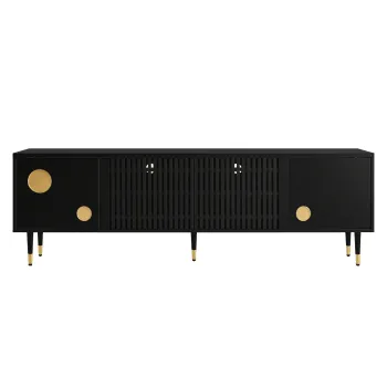 Comoda TV cu front din plasa metalica si accente aurii, 4 usi, 170x36x54 cm, Negru imagine