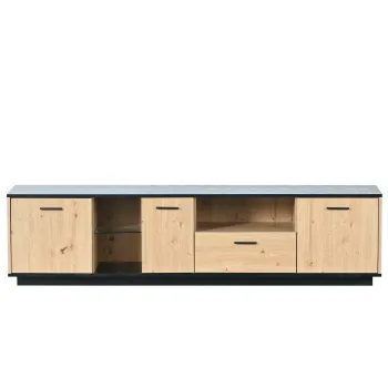 Comoda TV cu O Sertar, Trei Usi si Doua Rafturi din Sticla, Iluminare LED cu 15 Culori Variabile, 180x40x45 cm, Negru+ Natural imagine