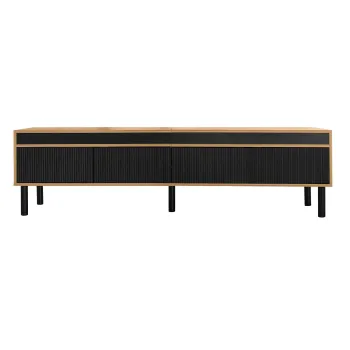 Comoda TV cu trei usi, picioare solide din lemn, 170x38x47 cm, Culoare naturala+Negru imagine