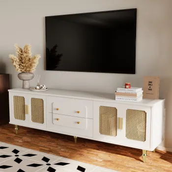 Comoda TV in stil retro cu manere aurii, usi din ratan si picioare din metal, spatiu de depozitare generos, 175x38x55,5 cm, alb imagine