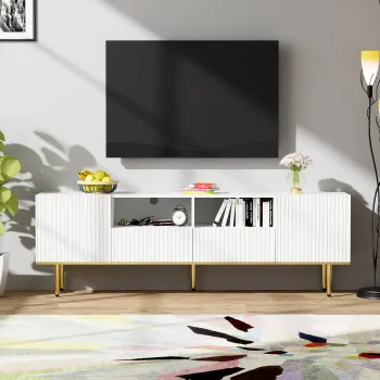 Comoda TV Moderno cu Picioare si Margini Aurii, Doua Rafturi si Doua Sertare, 165x36x55 cm, Alb imagine