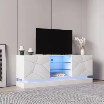 Comoda TV Moderno Lucios cu Raft de Sticla Reglabil si Balamale Silentioase, Suport pentru TV pana la 70 Inch, 160x38,5x60 cm, Alb imagine