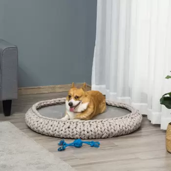 Culcus pentru Caini si Pisici PawHut Rotund cu Margini Ridicate si Perna, Patut pentru Caini Capitonat Efect Catifea, ?93x15cm, Gri imagine