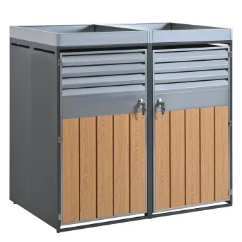 Cutie incuietabila pentru pubele cu ghiveci integrat, ventilatie cu lamele si doua usi separate, 132x80x124,5 cm, Gri+Culoare naturala imagine