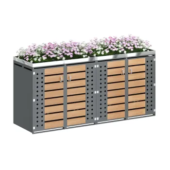 Cutie pentru pubele 4-locuri, inchisa cu cheie, cu jardiniera integrata, 264x80x124,5 cm, Gri+Culoare naturala imagine