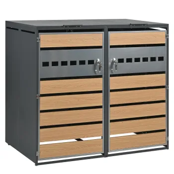 Cutie pentru pubele cu capac rabatabil hidraulic, cu 2 compartimente separate si usi incuiabile, 132x80x118,5 cm, Gri+Culoare naturala imagine