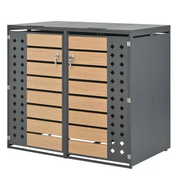 Cutie pentru pubele cu capac rabatabil hidraulic, doua compartimente separate si usi incuiabile, 132x80x118,5 cm, Gri+Culoare naturala imagine