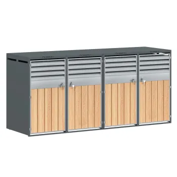 Cutie pentru pubele cu capac rabatabil hidraulic, modul de depozitare cu 4 usi, lamele de ventilatie, 264x80x118,5 cm, Gri+Culoare naturala imagine