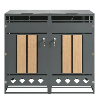 Cutie pentru pubele cu capac rabatabil hidraulic, usi cu incuietoare si doua compartimente, 132x80x118,5 cm, Gri+Culoare naturala imagine