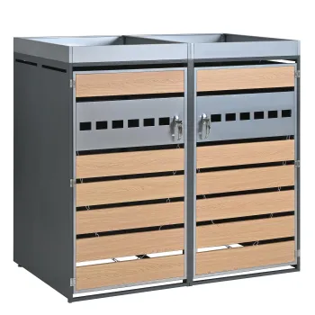 Cutie pentru pubele cu jardiniera integrata si ventilatie, dulap incuiabil din doua parti, cu 2 usi, 132x80x124,5 cm, Gri+Culoare naturala imagine