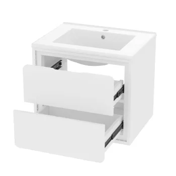 Dulap de baie suspendat pe perete cu iluminare LED cu senzor radar, doua sertare si chiuveta integrata din ceramica, 60x46x50 cm, Alb imagine