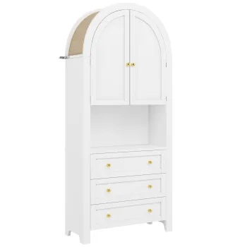 Dulap de depozitare inalt cu arc, cu 3 sertare, usi si compartiment deschis pentru expunere, pentru bucatarie si living, 70x35x180 cm, Alb imagine